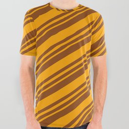 [ Thumbnail: Brown and Orange Colored Striped/Lined Pattern All Over Graphic Tee ]