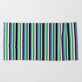 [ Thumbnail: Eye-catching Slate Blue, Black, Tan, Teal & Light Green Colored Stripes/Lines Pattern Beach Towel ]