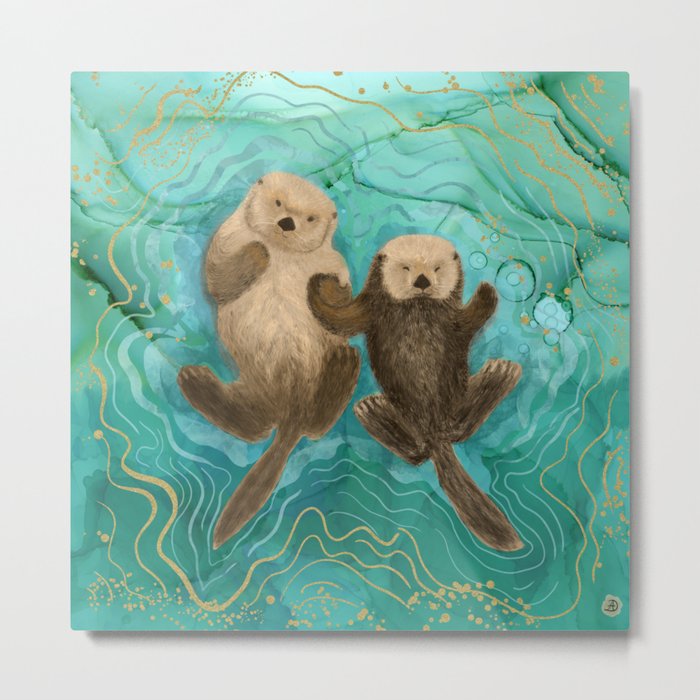 Otters Holding Paws, Floating in Emerald Waters Metal Print