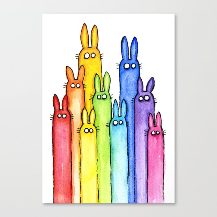 Rainbow of Bunny Rabbits Watercolor Canvas Print
