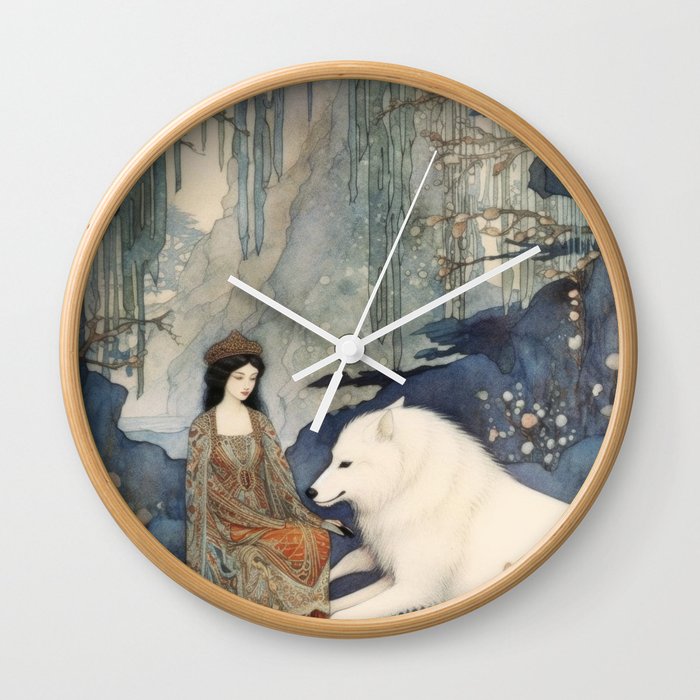 Girl and White Wolf Wall Clock