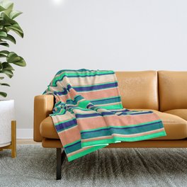 [ Thumbnail: Vibrant Light Salmon, Green, Midnight Blue, Teal, and Bisque Colored Pattern of Stripes Throw Blanket ]