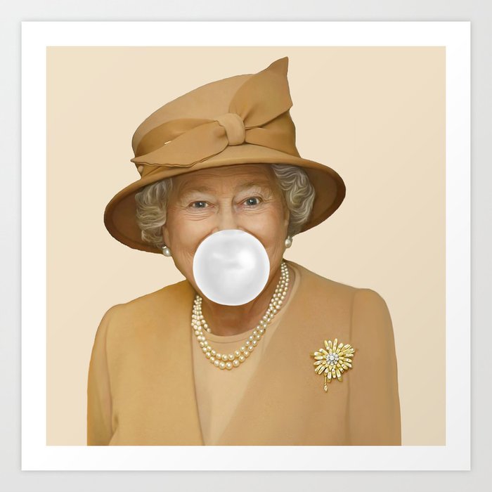 Queen Elizabeth II blowing a white bubble gum Art Print