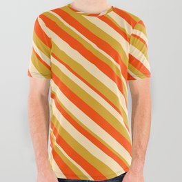 [ Thumbnail: Red, Beige, and Goldenrod Colored Lined Pattern All Over Graphic Tee ]
