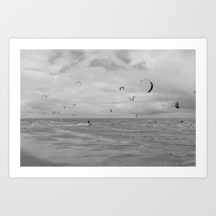 Kitesurfing in the Dutch sea during turbulent summer weather | Nature landscape photography | The Netherlands Art Print
