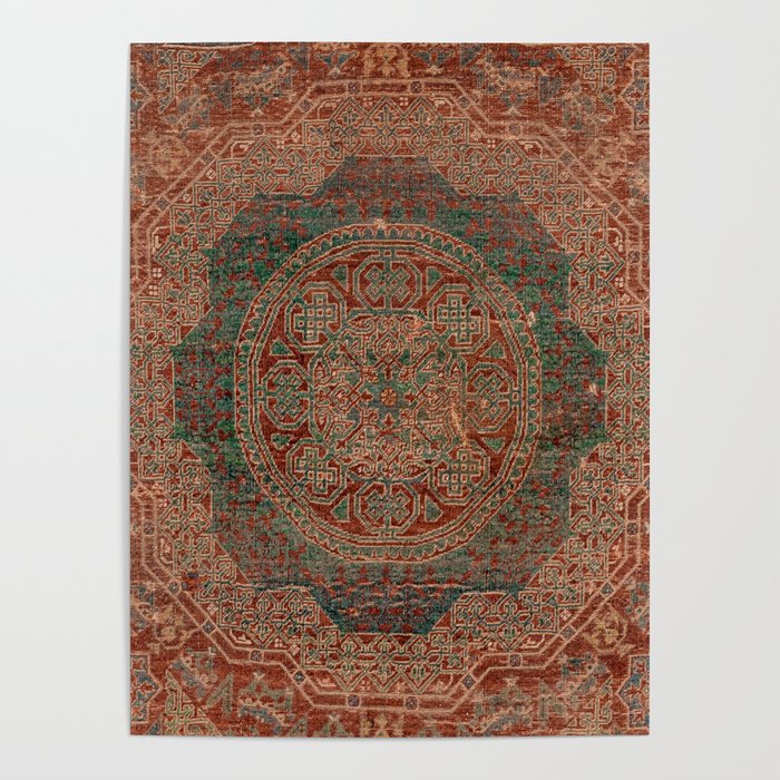 Bohemian Medallion I // 15th Century Old Distressed Red Green Colorful Ornate Accent Rug Pattern Poster