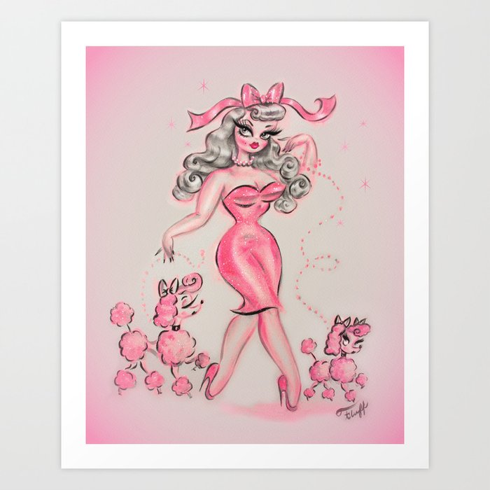 Pinup in Pink with Poodles Art Print