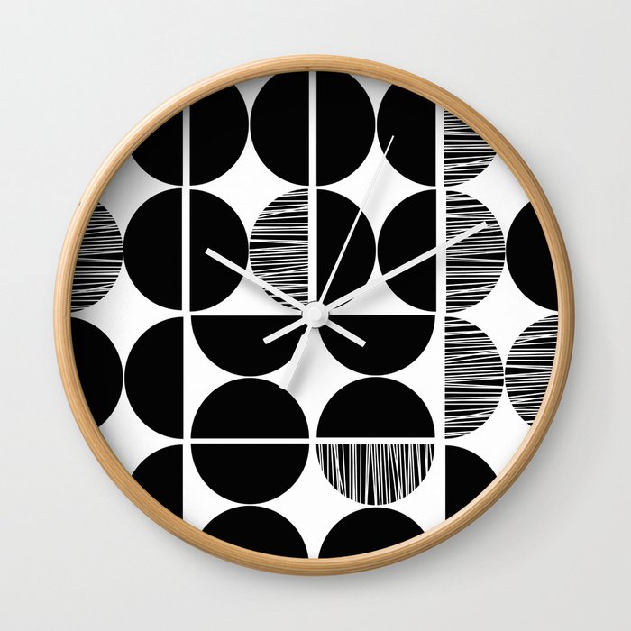 Black and white mid century shapes with stripes Wall Clock