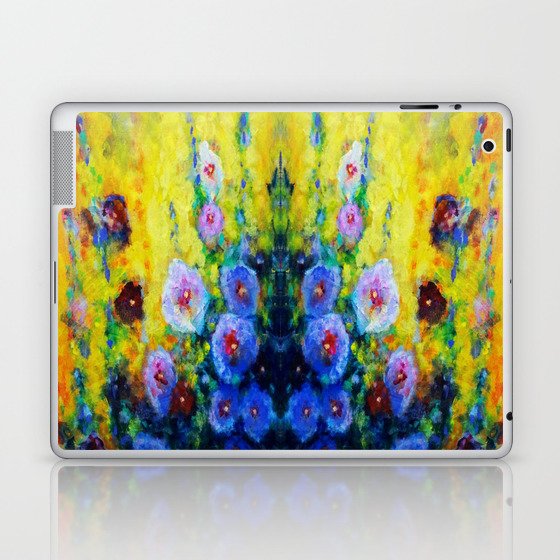 BLUE HOLLYHOCKS YELLOW  GARDEN PATTERN ART Laptop & iPad Skin