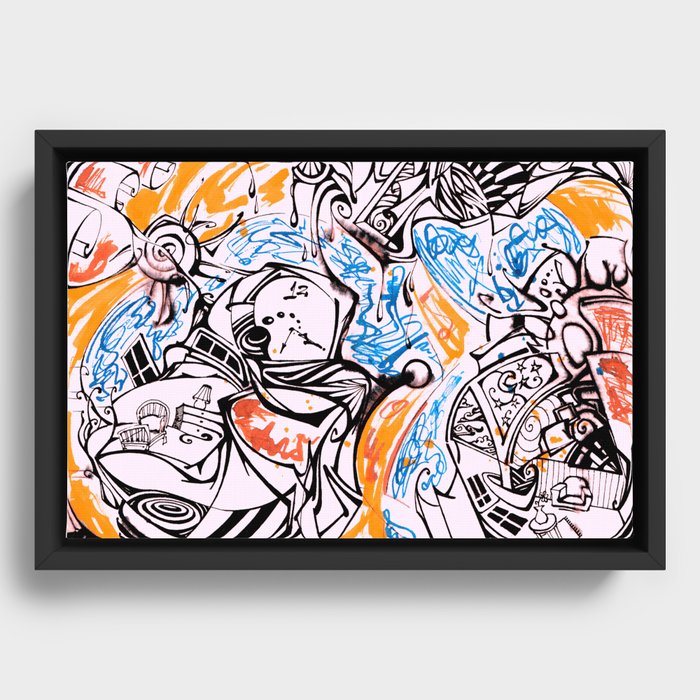 Chaotic Inky Doodle Orange and Blue Framed Canvas