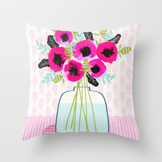 Poppies Vase of flowers cut flower mother's day cute florals illustration Andrea Lauren Throw Pillow