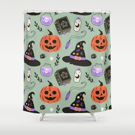 Halloween seamless pattern with witch hat,pumpkin and book of magic spells. Cute spooky Hand drawn endless texture Shower Curtain