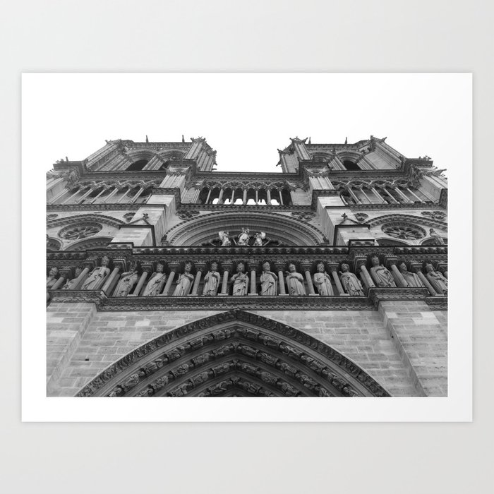 Paris Notre Dame cathedral facade with towers and statues French skyline cityscape France portrait black and white photograph - photography - photographs Art Print