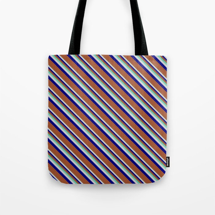 Aquamarine, Light Gray, Blue, and Sienna Colored Striped/Lined Pattern Tote Bag