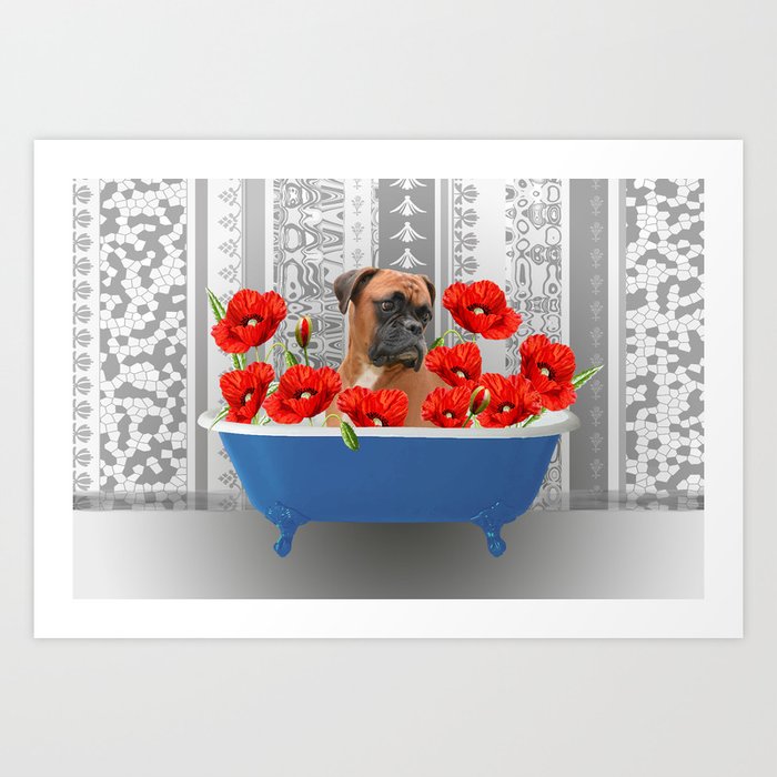 Blue Bathtub Poppies Flowers Boxer Dog Art Print