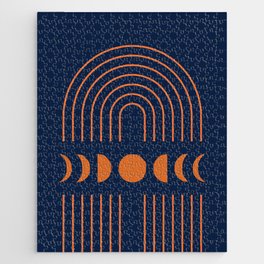 Geometric Lines and Shapes 11 in Navy Blue Orange (Rainbow and Moon Phases Abstract) Jigsaw Puzzle