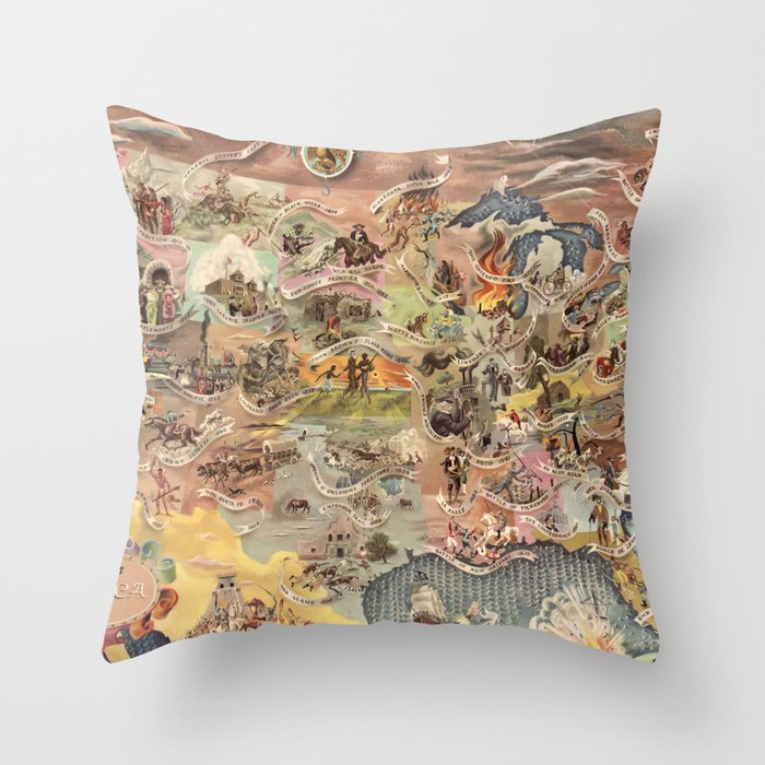 History of America Pictorial State map of Historical Events landscape painting by Aaron Bohrod Throw Pillow