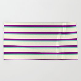 [ Thumbnail: Aquamarine, Beige & Purple Colored Lined Pattern Beach Towel ]