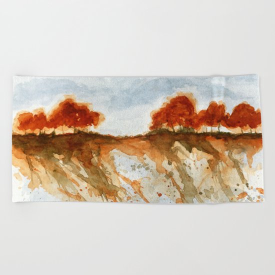 Firebranch Ridge, Watercolor Abstract Landscape Art Beach Towel