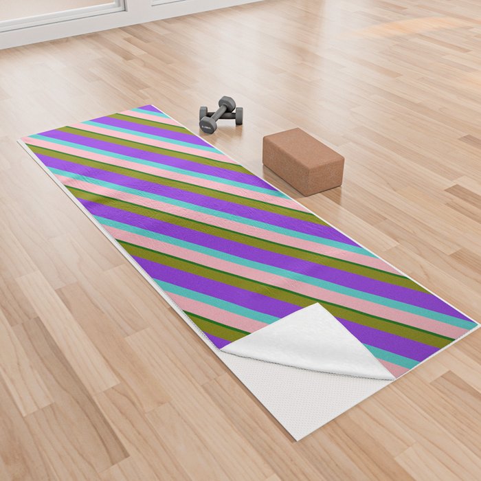 Colorful Green, Purple, Turquoise, Light Pink, and Dark Green Colored Lined/Striped Pattern Yoga Towel