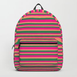 [ Thumbnail: Deep Pink, Light Salmon & Sea Green Colored Lines Pattern Backpack ]