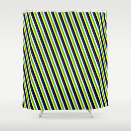 [ Thumbnail: Eye-catching Yellow, Black, Midnight Blue, Beige, and Sea Green Colored Stripes Pattern Shower Curtain ]