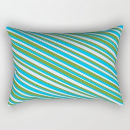 [ Thumbnail: Deep Sky Blue, Lavender, and Green Colored Lined Pattern Rectangular Pillow ]