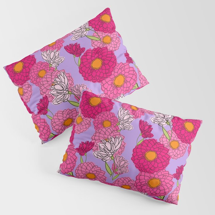 Retro Modern Mums Mid-Century Floral Pattern Purple Pillow Sham