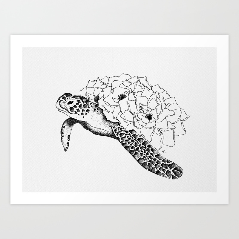 Floral Turtle Art Print Black & White