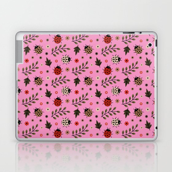 Ladybug and Floral Seamless Pattern on Pink Background Laptop & iPad Skin