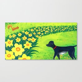 The Greyhound, squirrel, and daffodils Canvas Print