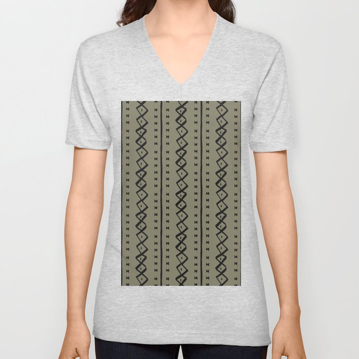 Olive Green Bow Tie Mud Cloth Pattern V Neck T Shirt