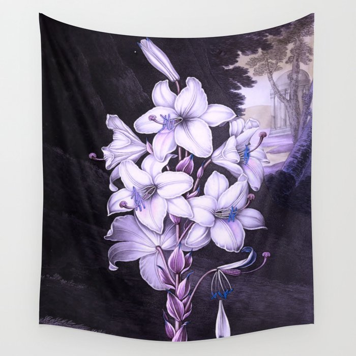 The White Lily w/ Variegated-leaves Lavender Temple of Flora Wall Tapestry