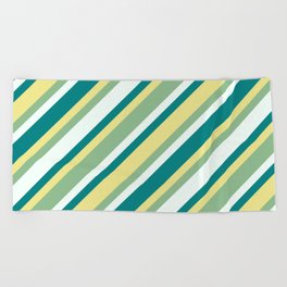 [ Thumbnail: Tan, Dark Sea Green, Mint Cream & Teal Colored Lines/Stripes Pattern Beach Towel ]