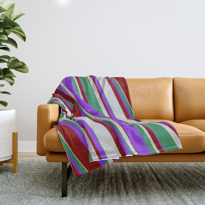 Purple, Maroon, Light Gray, and Sea Green Colored Stripes Pattern Throw Blanket