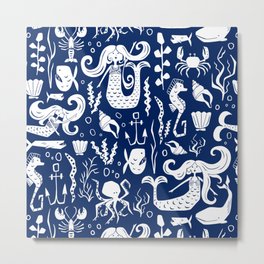 Under The Sea Navy Blue Metal Print | Navy, Nauticalprint, Nauticaltheme, Nauticalpattern, Fish, Anchor, Coastal, Nauticaldesign, Curated, Graphicdesign 