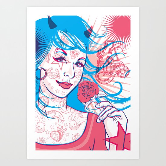 Pink & Blue Tattoo Art Print