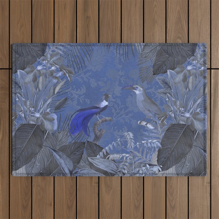 Midnight Jungle Blue Tropical Paradise With Birds And Exotic Plants Outdoor Rug