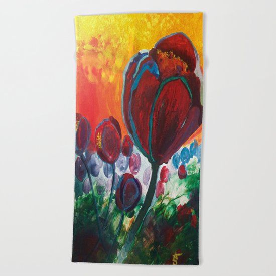 Blue High Poppies on Fire Beach Towel