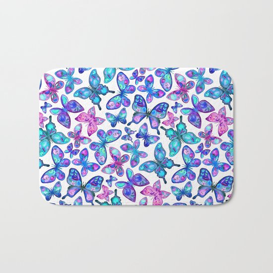 Watercolor Fruit Patterned Butterflies - aqua and sapphire Bath Mat