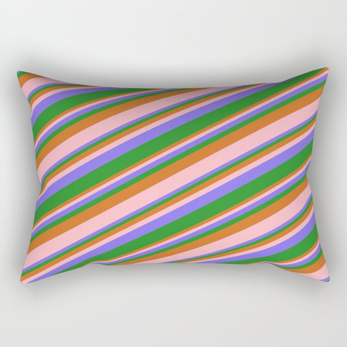 Chocolate, Light Pink, Medium Slate Blue, and Forest Green Colored Stripes/Lines Pattern Rectangular Pillow