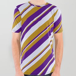 [ Thumbnail: Dark Goldenrod, Indigo, and Lavender Colored Lined Pattern All Over Graphic Tee ]