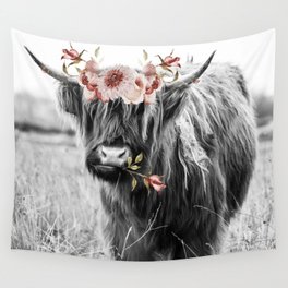 Highland Cow Landscape with Flowers Wall Tapestry
