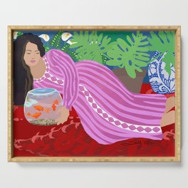 Woman with goldfish and plants in patterned robe Serving Tray