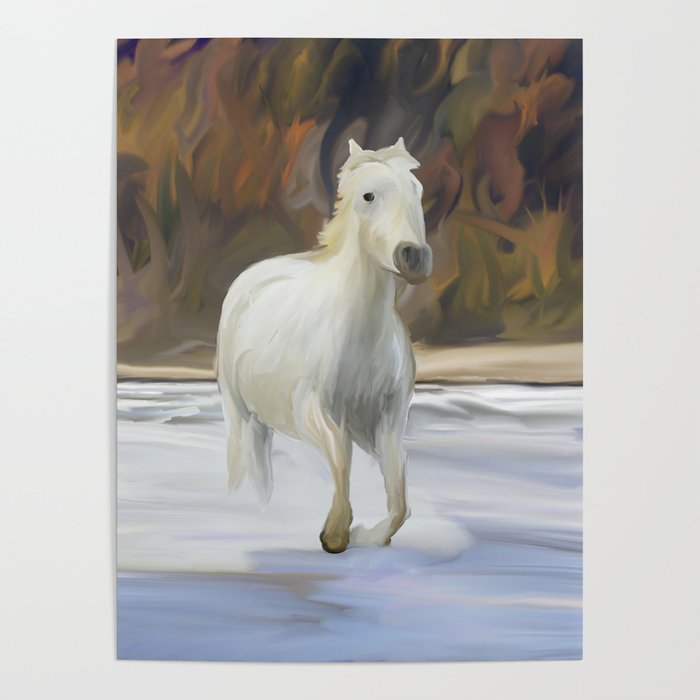white horse running in water, digital painting Poster
