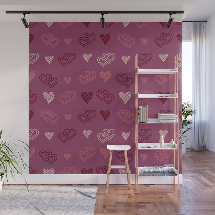 Hearts on a burgundy background. For Valentine's Day. Vector drawing for February 14th. SEAMLESS PATTERN WITH HEARTS. Anniversary drawing. For wallpaper, background, postcards. Wall Mural