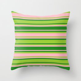 [ Thumbnail: Forest Green, Green, and Light Pink Colored Lined Pattern Throw Pillow ]