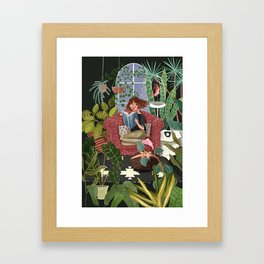 My Inner Jungle - Cozy Houseplant Reading Nook Illustration  Framed Art Print