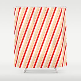 [ Thumbnail: Red, White, and Tan Colored Lines/Stripes Pattern Shower Curtain ]