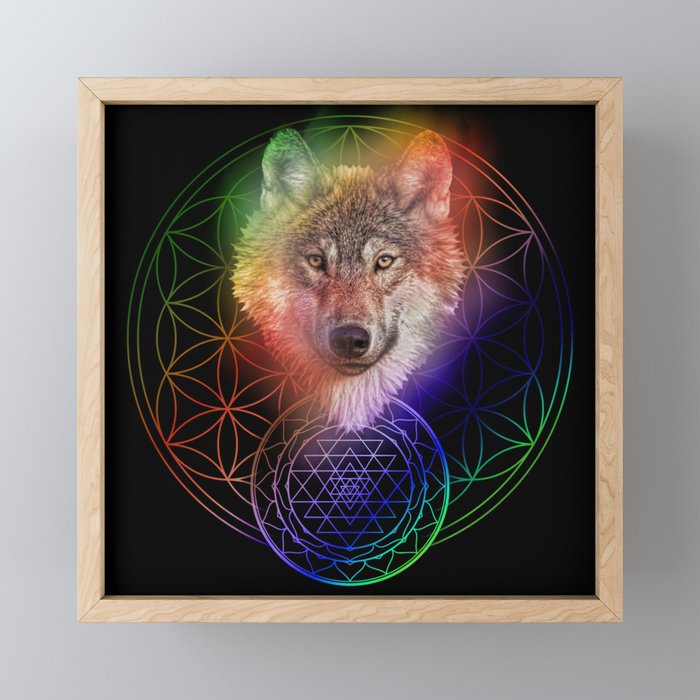Colorful Wolf Sri Yantra Mandala Framed Mini Art Print